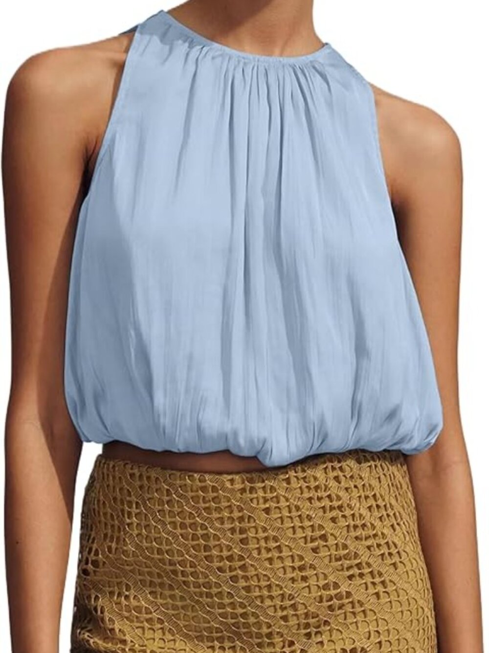 Summer Halter Top  Sleeveless Crewneck Puffy Hem Bubble Crop Tank Top NWOT M
